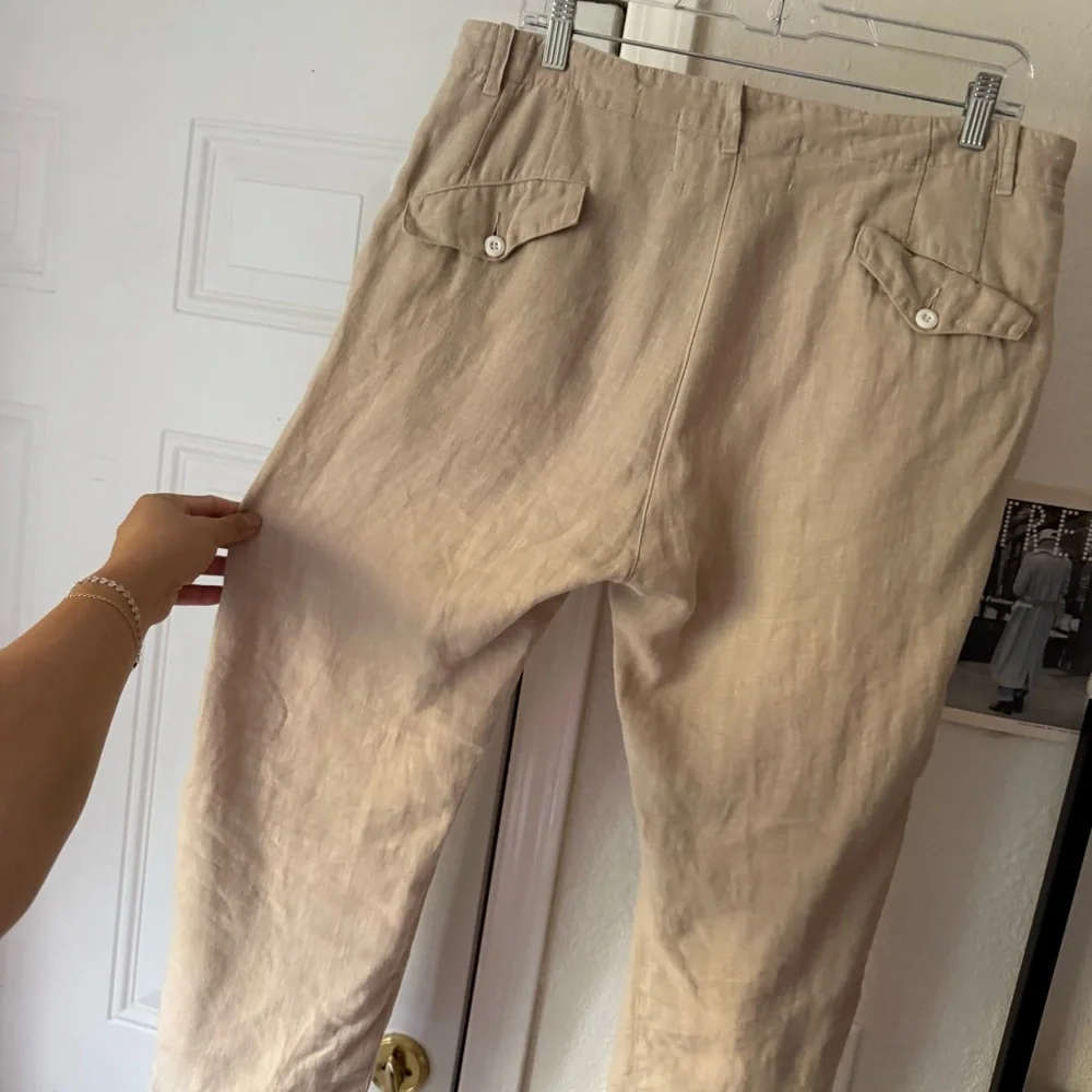 ALEXANDER YAMAGUCHI tan linen‎ slim straight leg cropped trousers pants